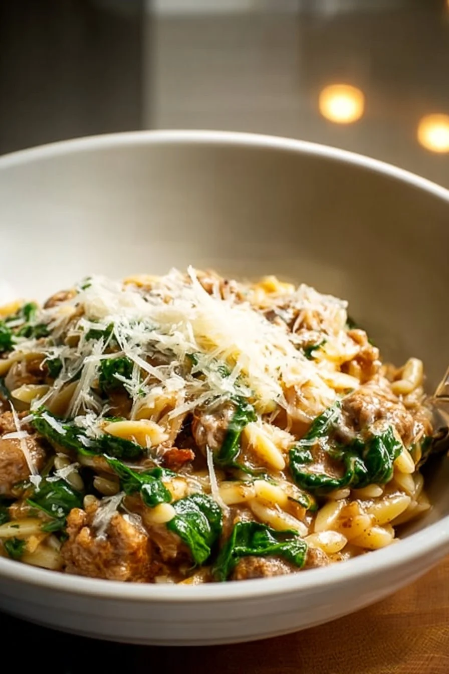 Creamy Italian sausage orzo with fresh herbs in a bowl.