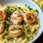 Creamy lemon garlic shrimp linguine served in a bowl with fresh herbs