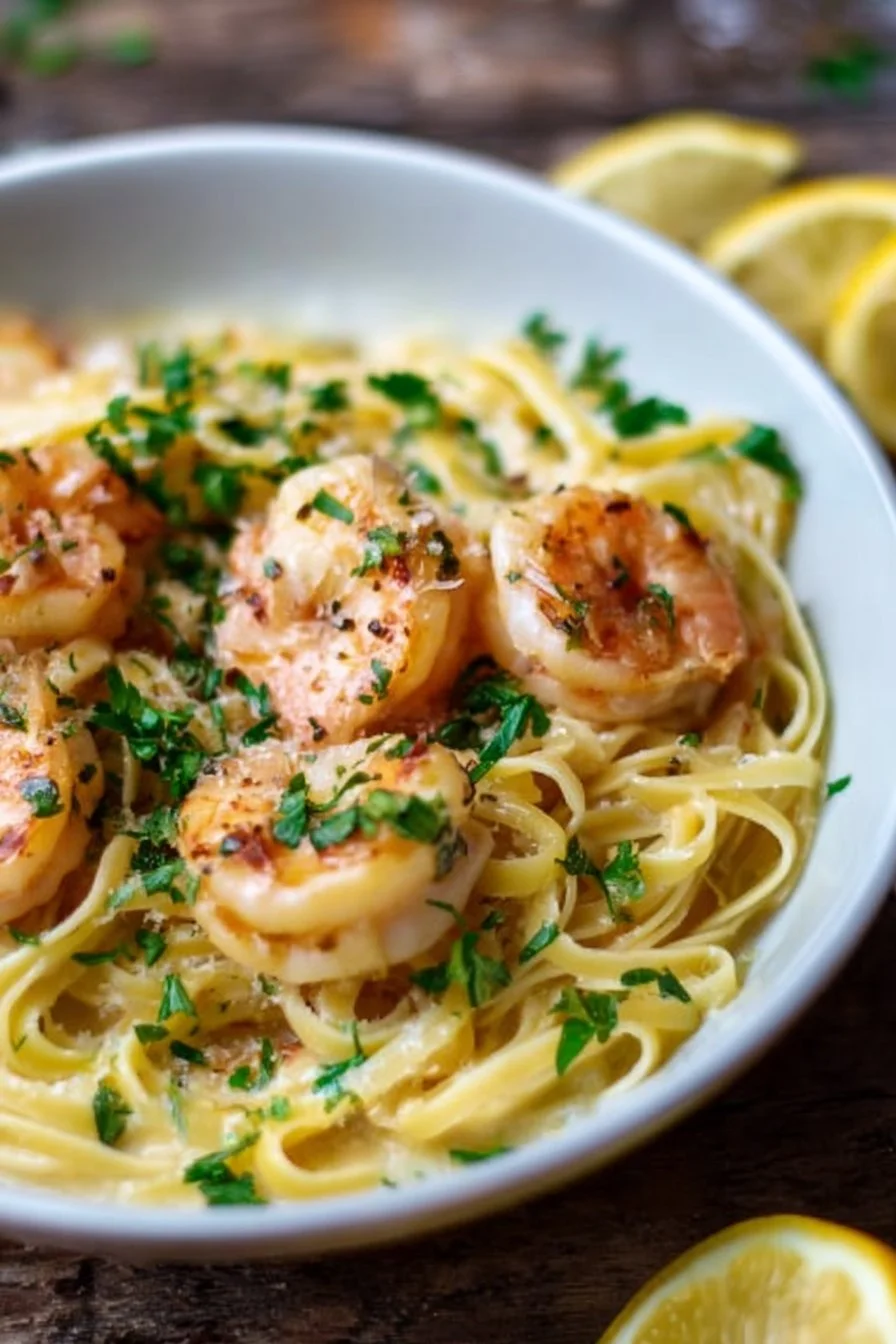 Creamy lemon garlic shrimp linguine served in a bowl with fresh herbs