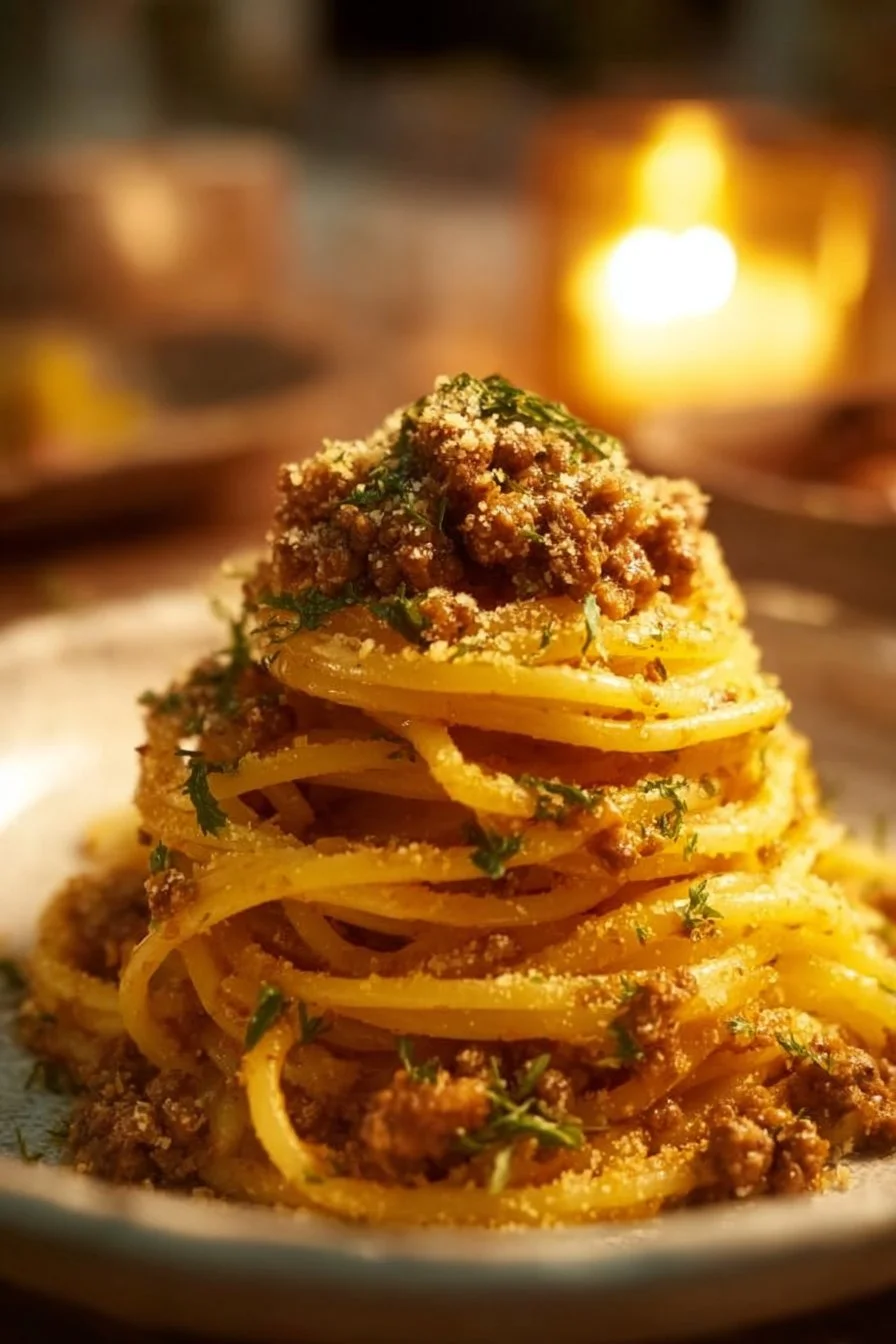 Creamy Parmesan Beef Linguine dish served with herbs and cheese on a plate