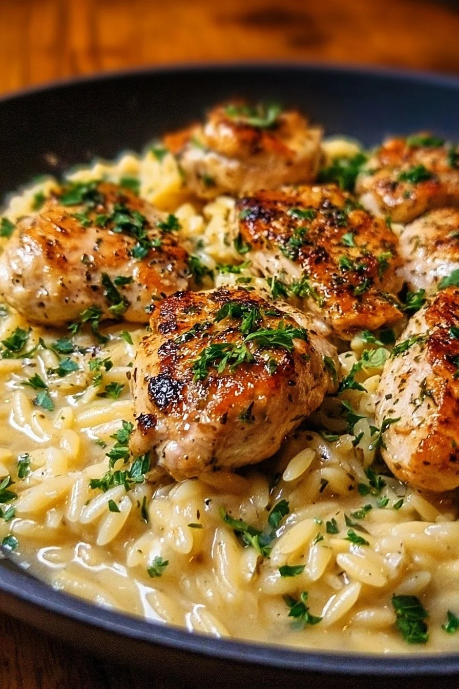Creamy Parmesan chicken served with orzo in a delicious sauce