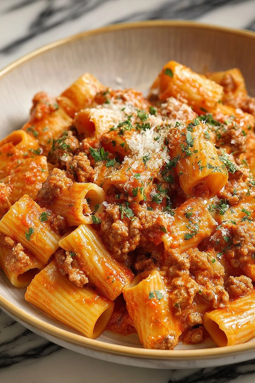 Creamy rigatoni topped with Boursin cheese in a delicious pasta dish