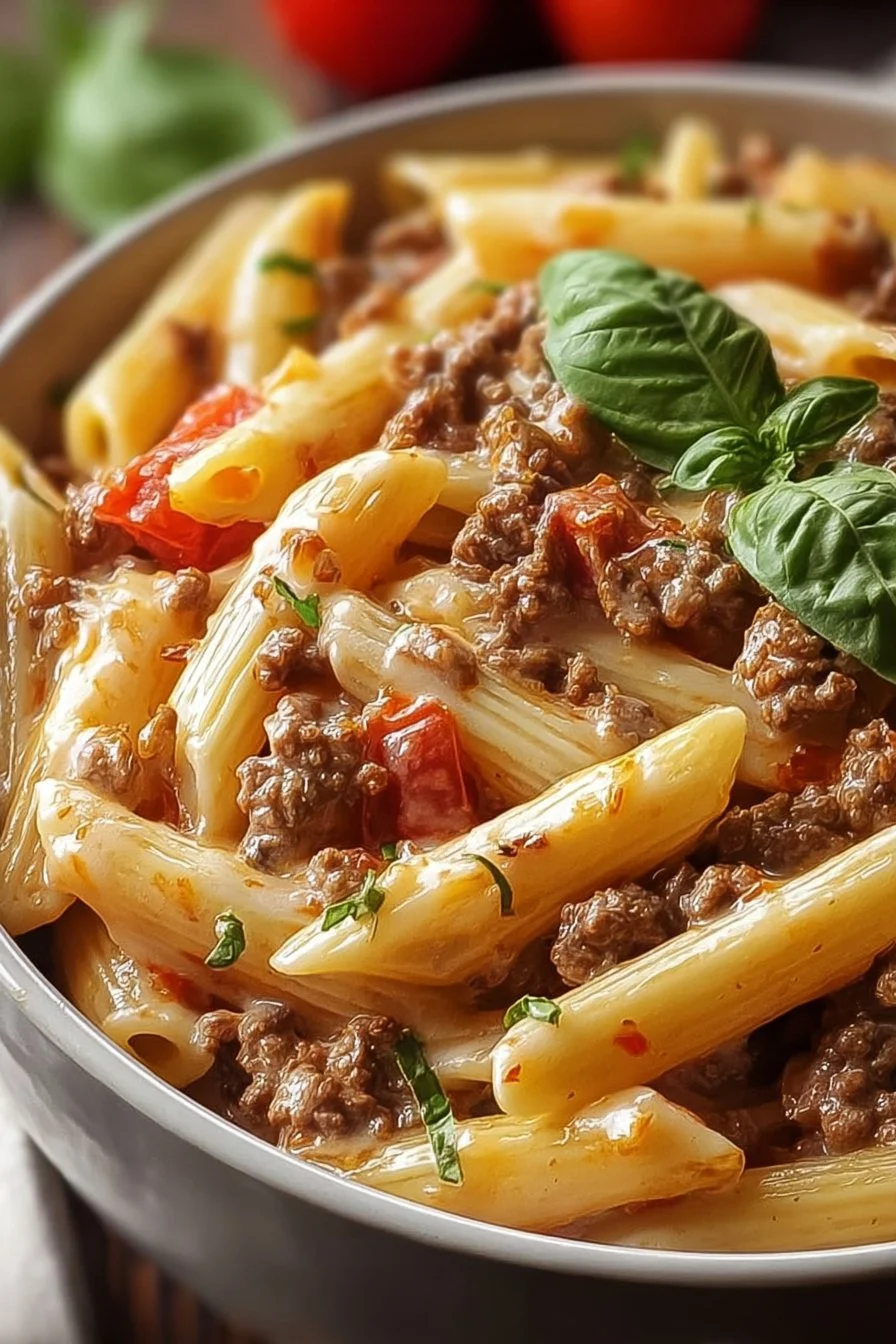 Creamy Rotel pasta dish with ground beef served in a bowl