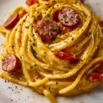 Creamy sausage pasta dish with herbs and cheese on a plate
