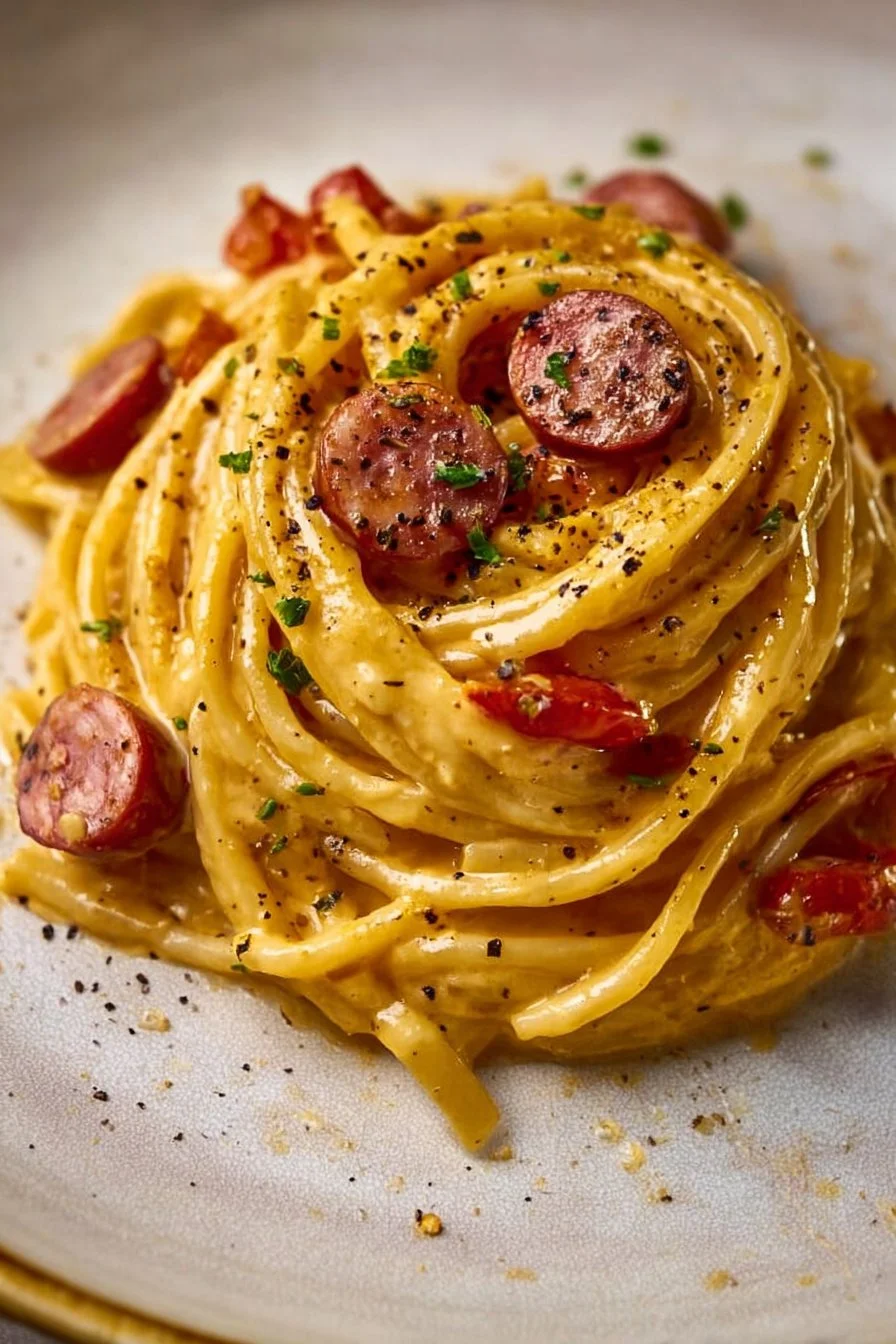 Creamy sausage pasta dish with herbs and cheese on a plate