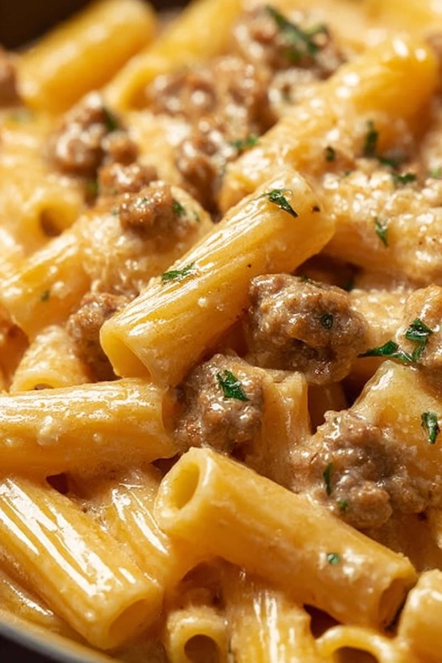Creamy sausage rigatoni pasta dish with rich sauce and seasoning