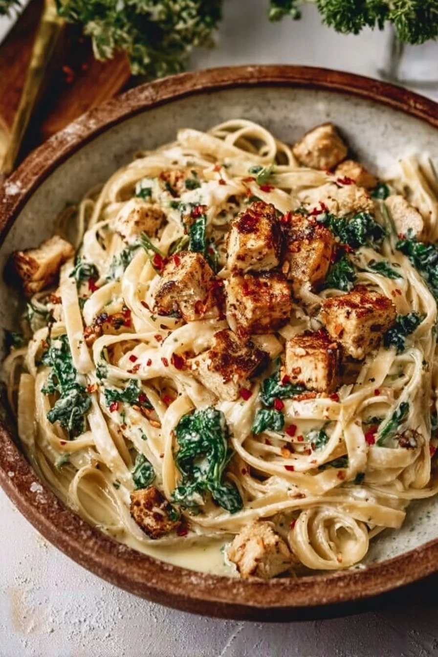 Creamy tahini pasta dish with lemon and garlic sauce served in a bowl.