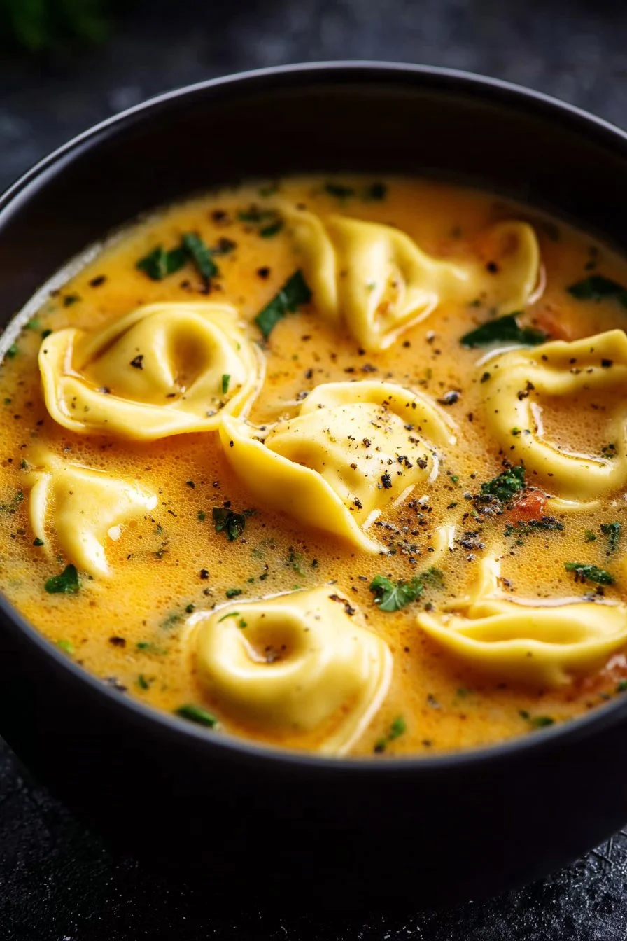 Creamy Tuscan Garlic Tortellini Soup garnished with herbs in a bowl
