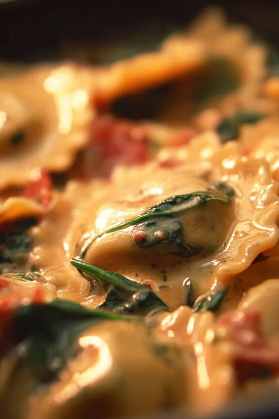 Delicious creamy Tuscan ravioli topped with herbs and sauce