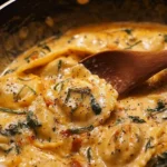 Bowl of creamy Tuscan Ravioli Soup garnished with herbs