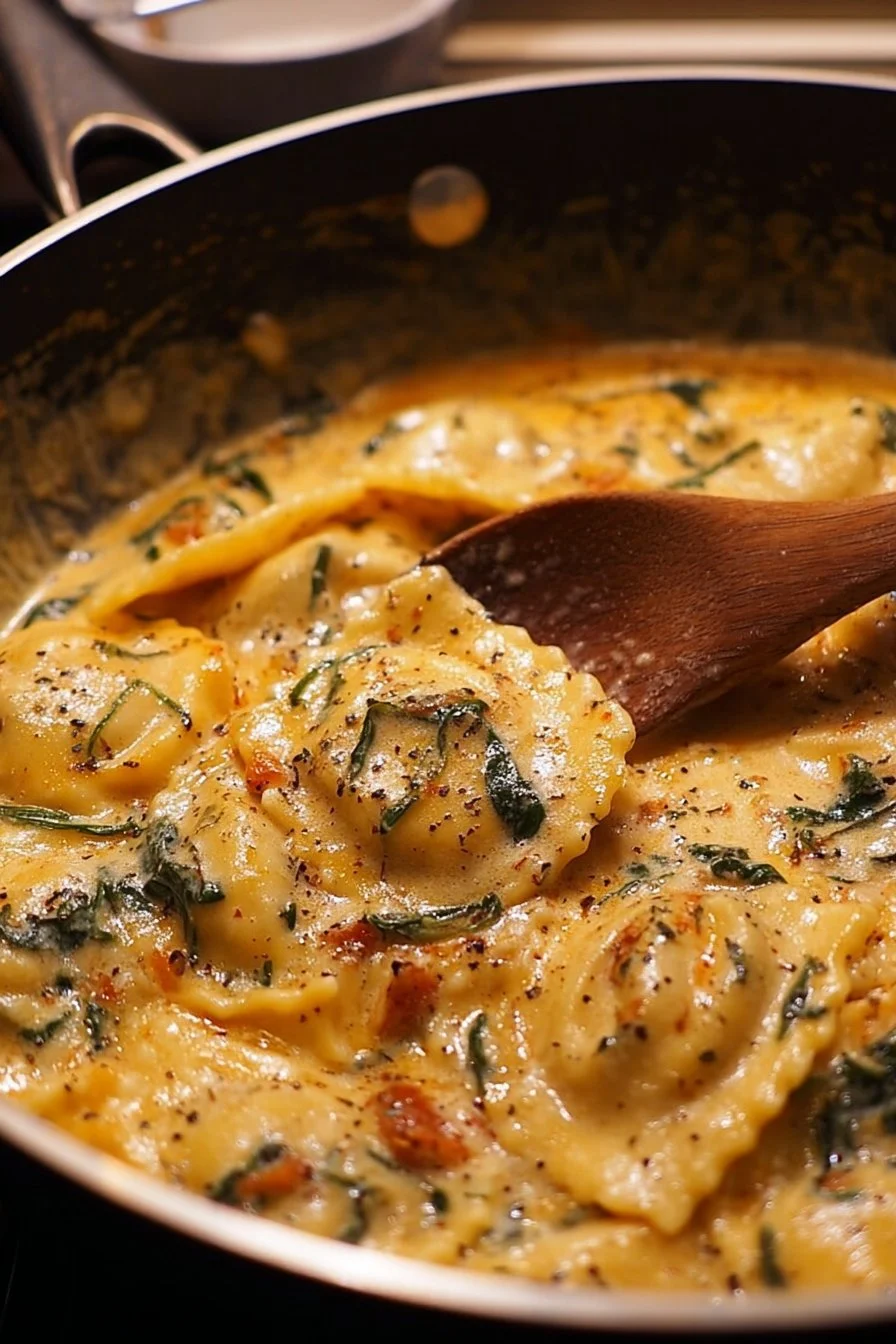 Bowl of creamy Tuscan Ravioli Soup garnished with herbs