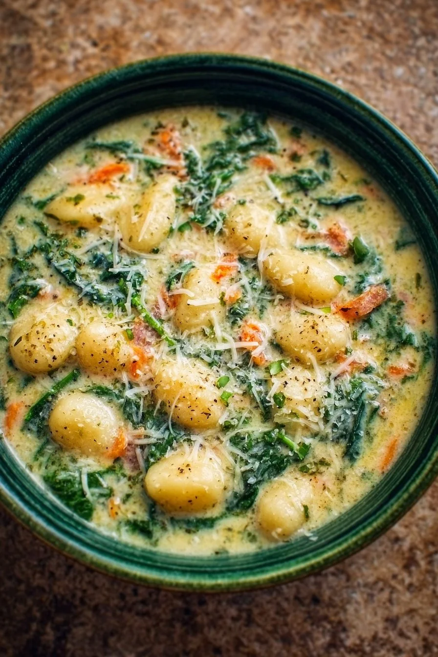 A bowl of creamy vegetarian gnocchi soup garnished with herbs.