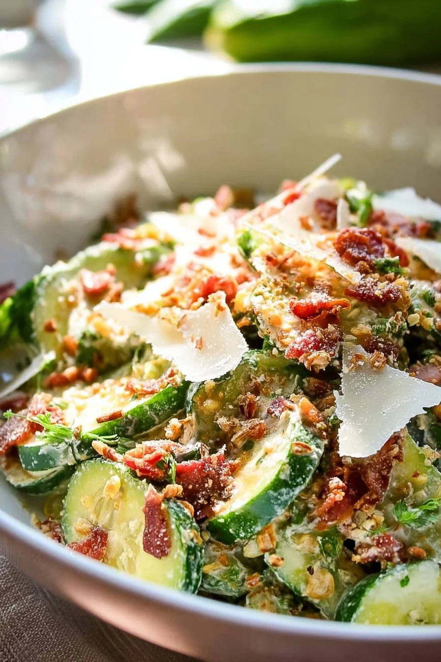 Fresh Cucumber Caesar Salad with lettuce, croutons, and dressing
