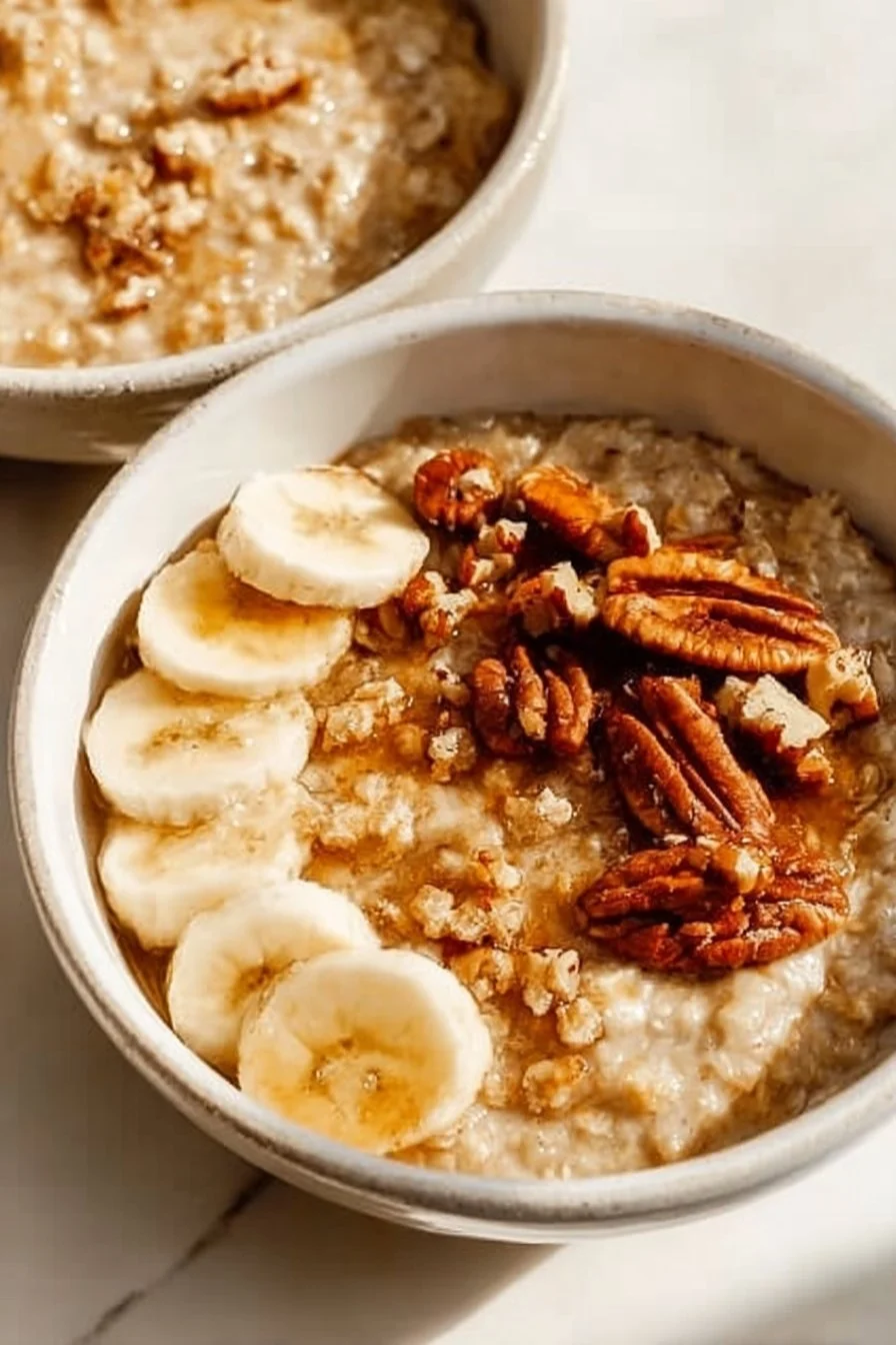 Bowl of customizable oatmeal topped with fresh fruits and nuts