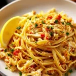 Plate of delicious crab linguine with fresh herbs and seafood