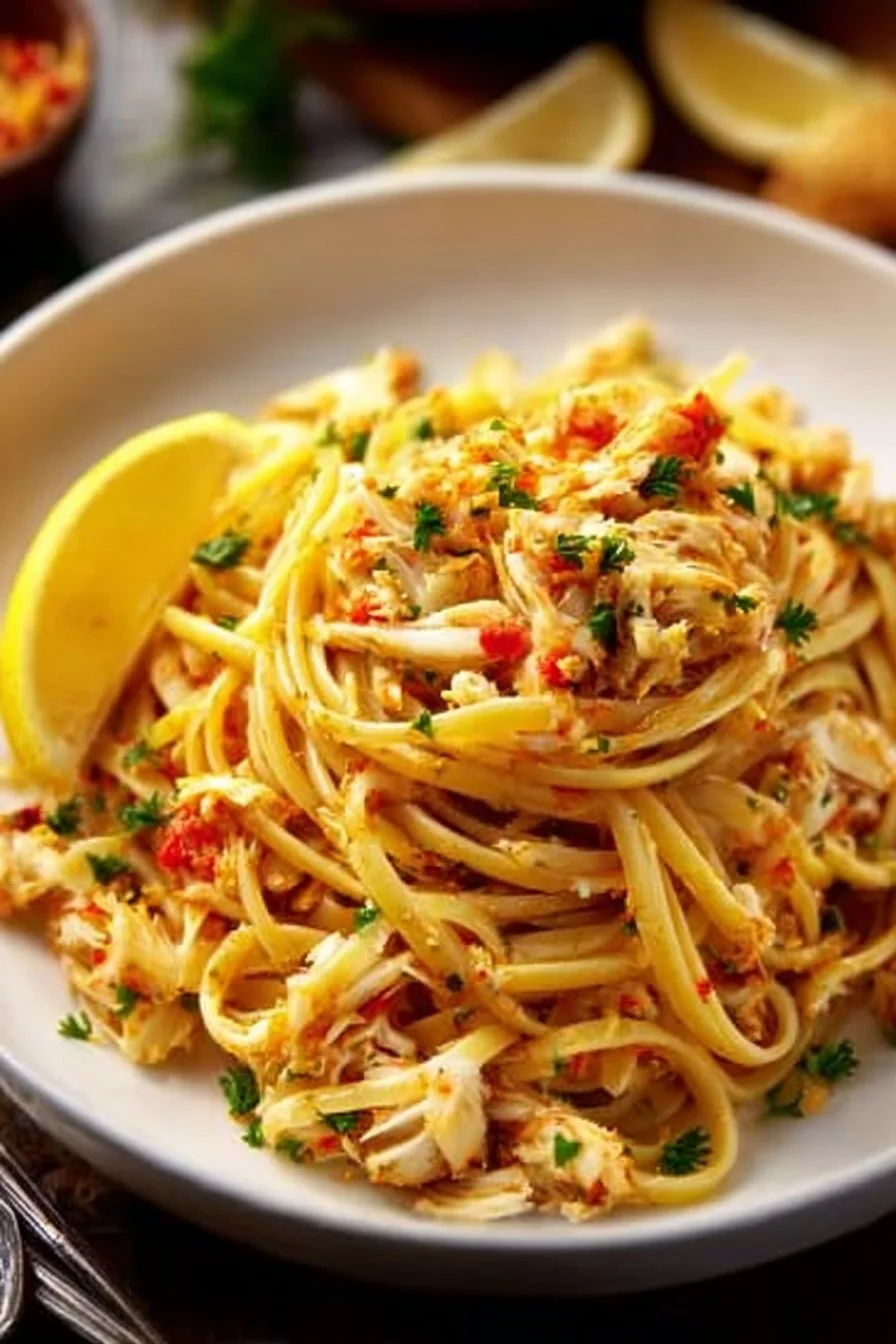 Plate of delicious crab linguine with fresh herbs and seafood