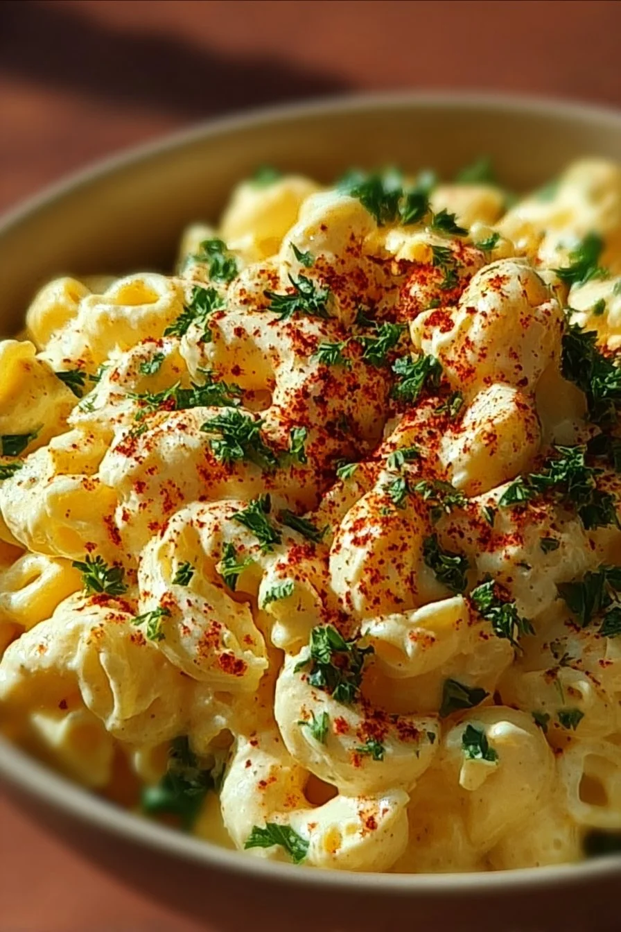 Delicious deviled egg macaroni salad served in a bowl