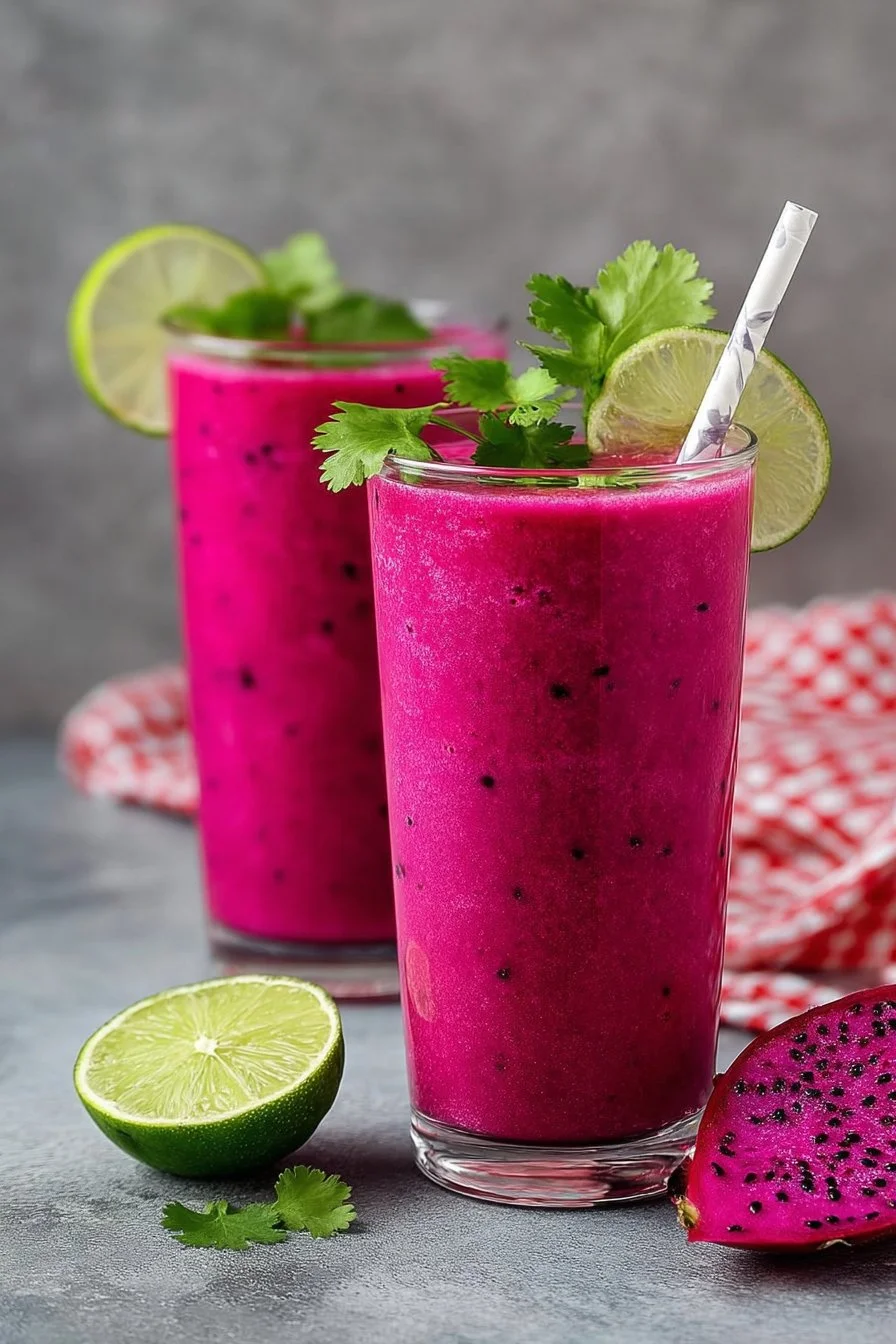 A vibrant dragon fruit smoothie topped with fresh fruits and seeds.