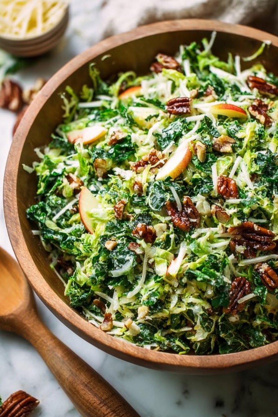 Brussels Sprout, Kale + Apple Salad with Sharp Cheddar, Bacon + Pecans