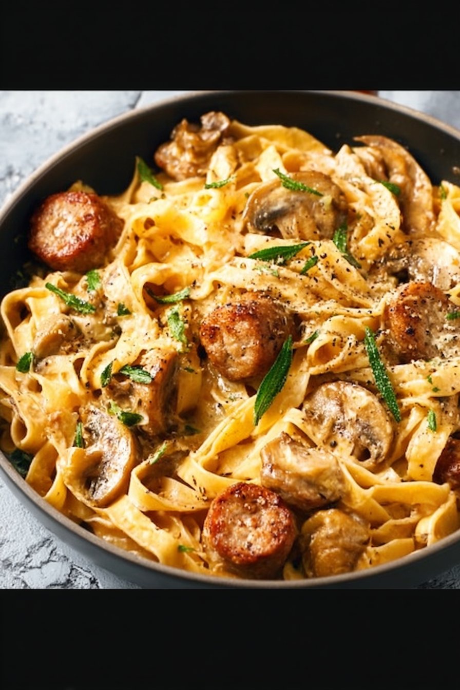 Tagliatelle Stroganoff with Sausages and Chestnut Mushrooms