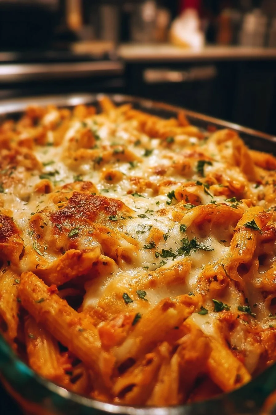 Delicious cheesy baked penne pasta topped with golden cheese