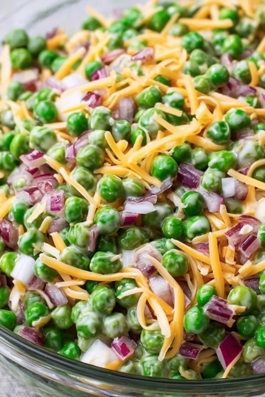 A delicious bowl of easy English Pea Salad with fresh ingredients