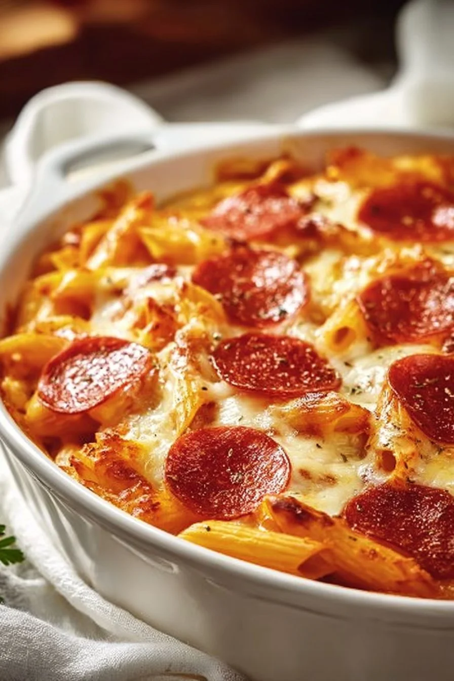 Easy pizza pasta bake with cheese and toppings in a baking dish