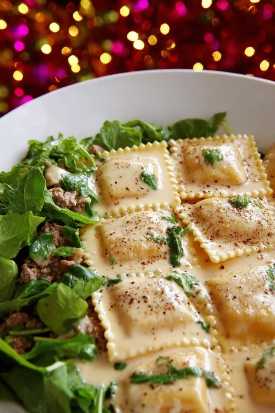 Easy White Ravioli Casserole with creamy cheese sauce and herbs