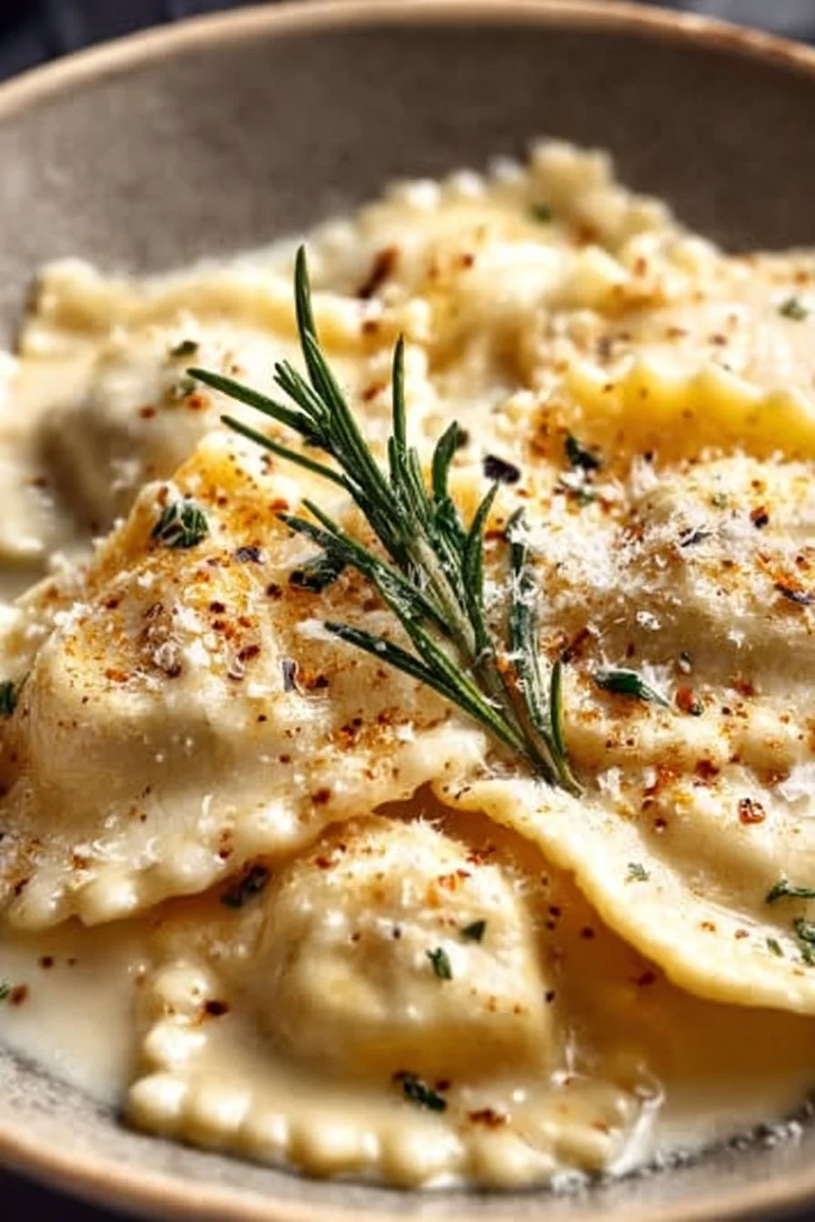 Butternut Squash Ravioli with Rosemary Cream Sauce served elegantly on a plate.