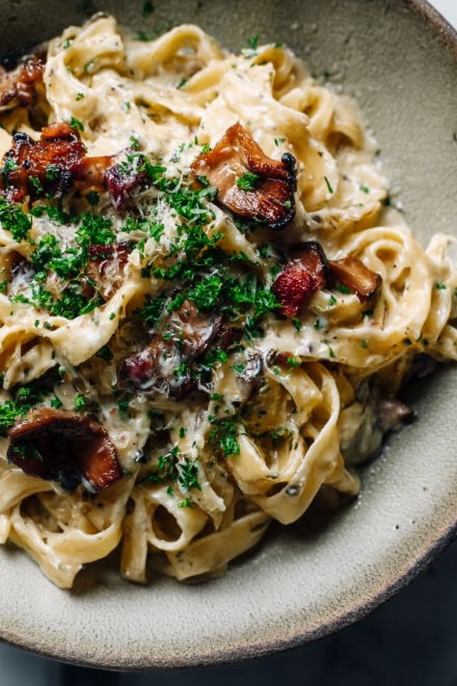 Tagliatelle Carbonara with Crispy Mushrooms