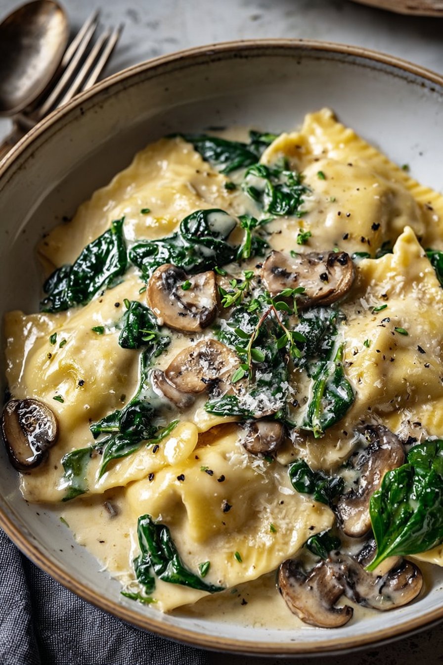 Spinach and Mushroom Alfredo Ravioli