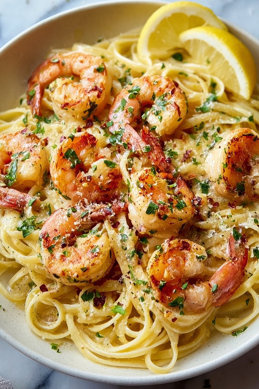 Creamy Lemon Garlic Shrimp Linguine