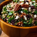 Colorful bowl of Farro Salad with fresh vegetables and herbs