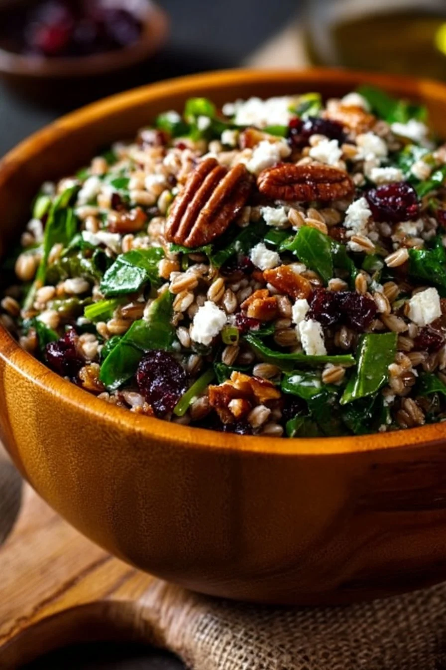 Colorful bowl of Farro Salad with fresh vegetables and herbs