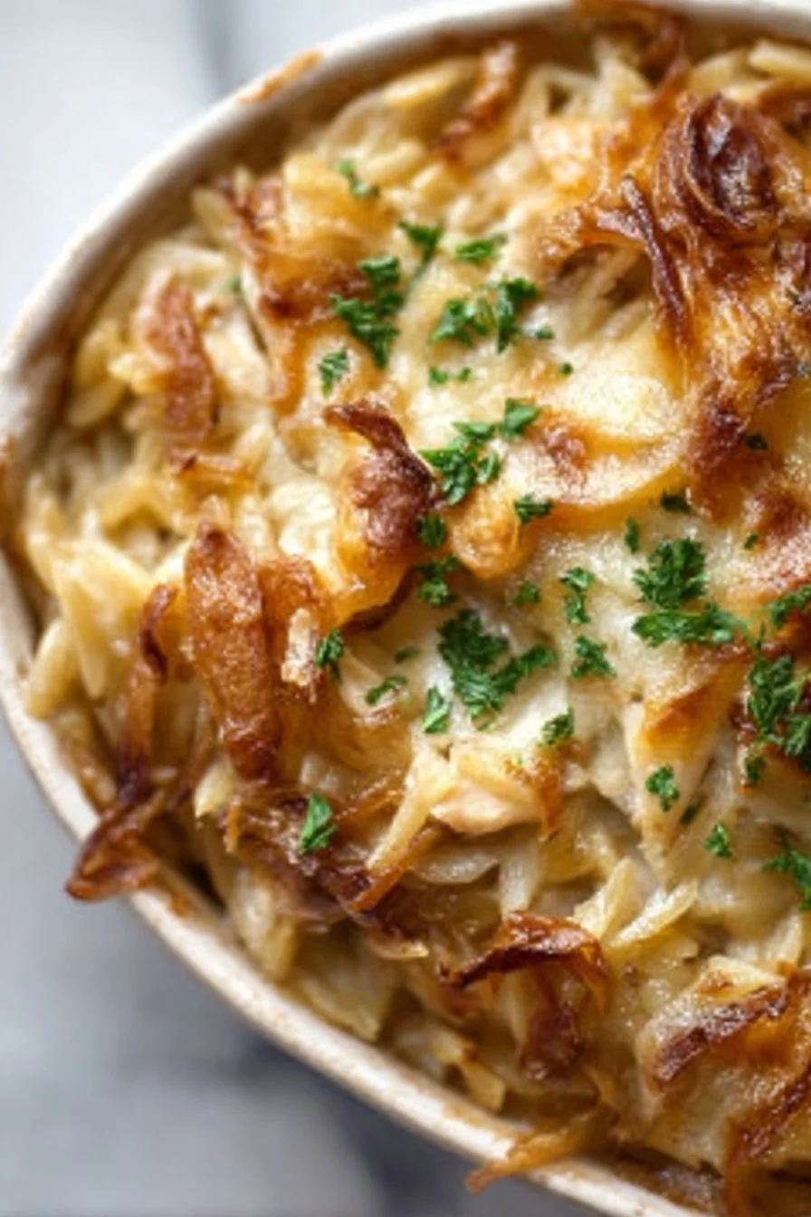Delicious French Onion Chicken Orzo Casserole topped with melted cheese