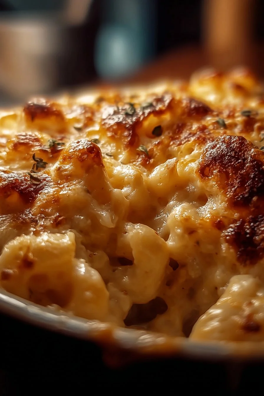 Bowl of creamy French onion soup mac & cheese topped with melted cheese and onion.