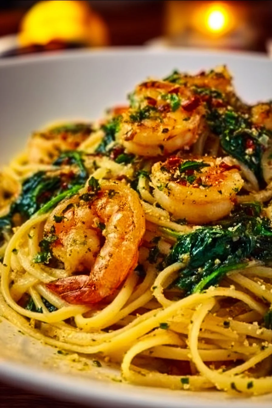 Plate of Garlic Shrimp and Spinach Linguine garnished with herbs