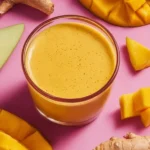 Healthy Ginger-Mango Turmeric Smoothie in a glass with fruits