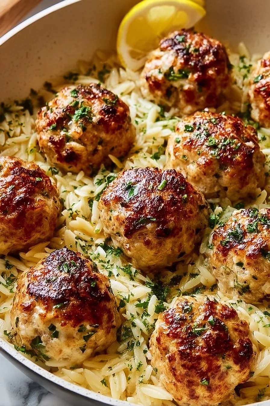 Delicious Greek chicken meatballs with lemon orzo on a plate