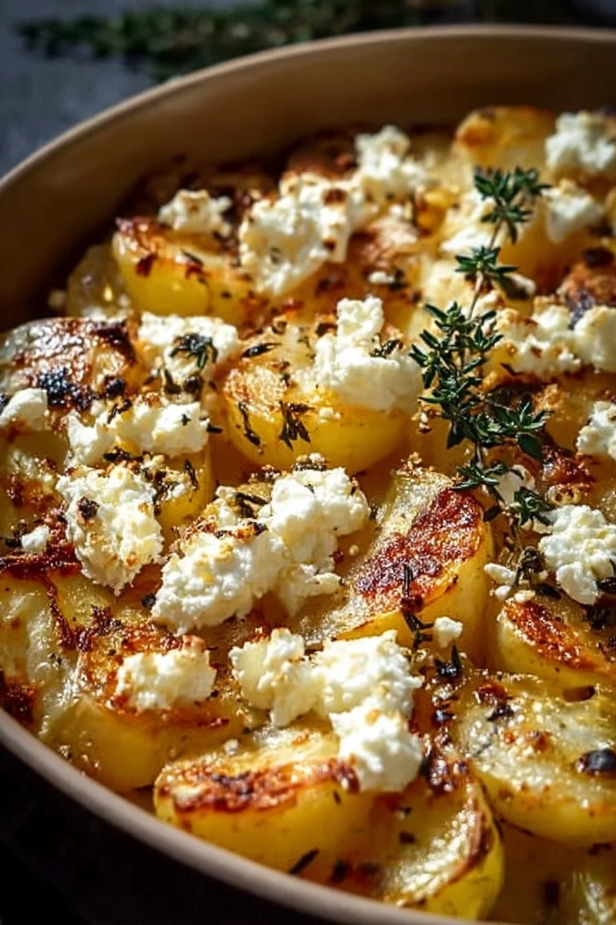 Crispy Greek feta roast potatoes garnished with herbs and served on a plate.