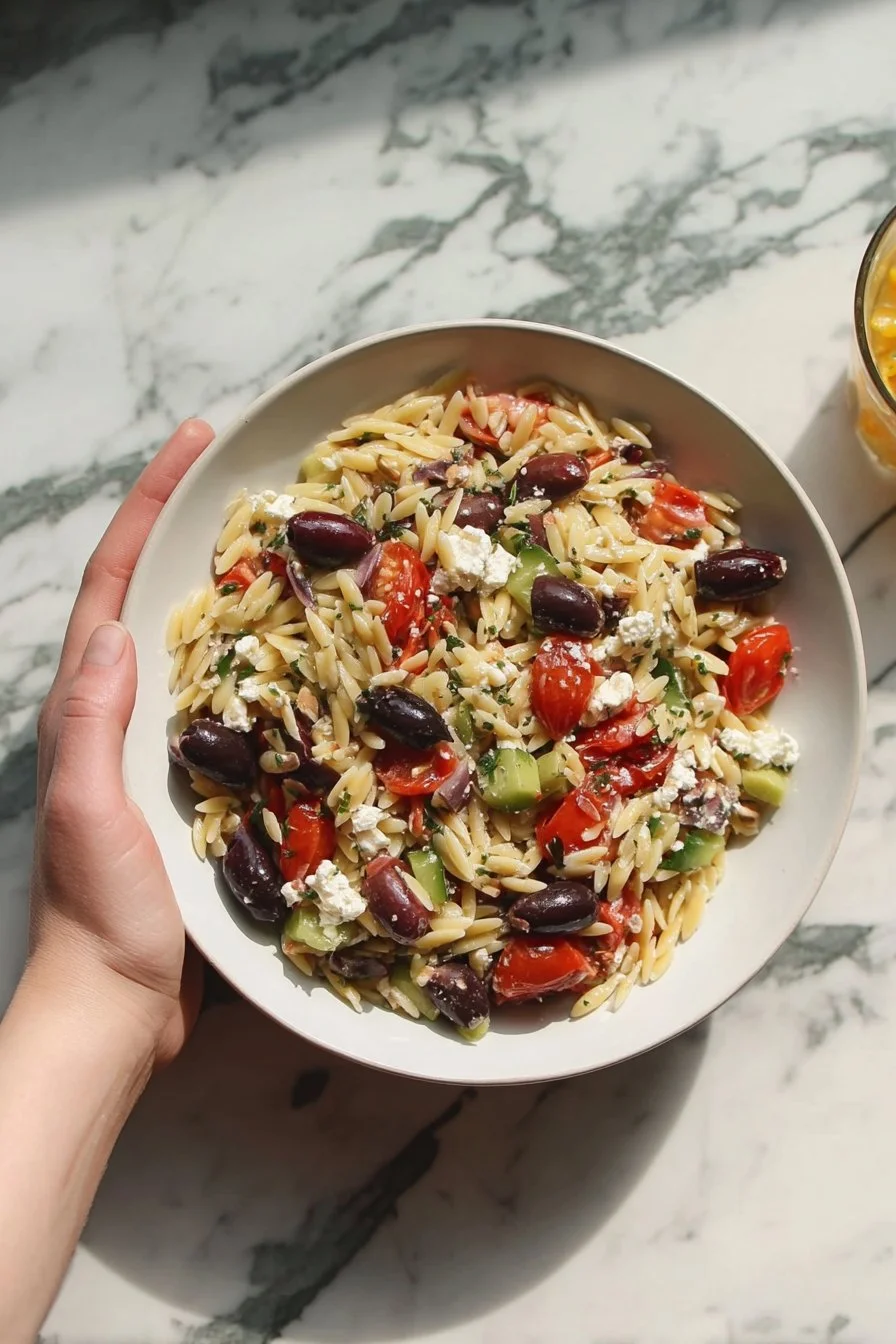 Delicious Greek Orzo Salad with fresh vegetables and feta cheese
