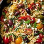 Greek Orzo salad with tomatoes, olives, basil, and feta cheese