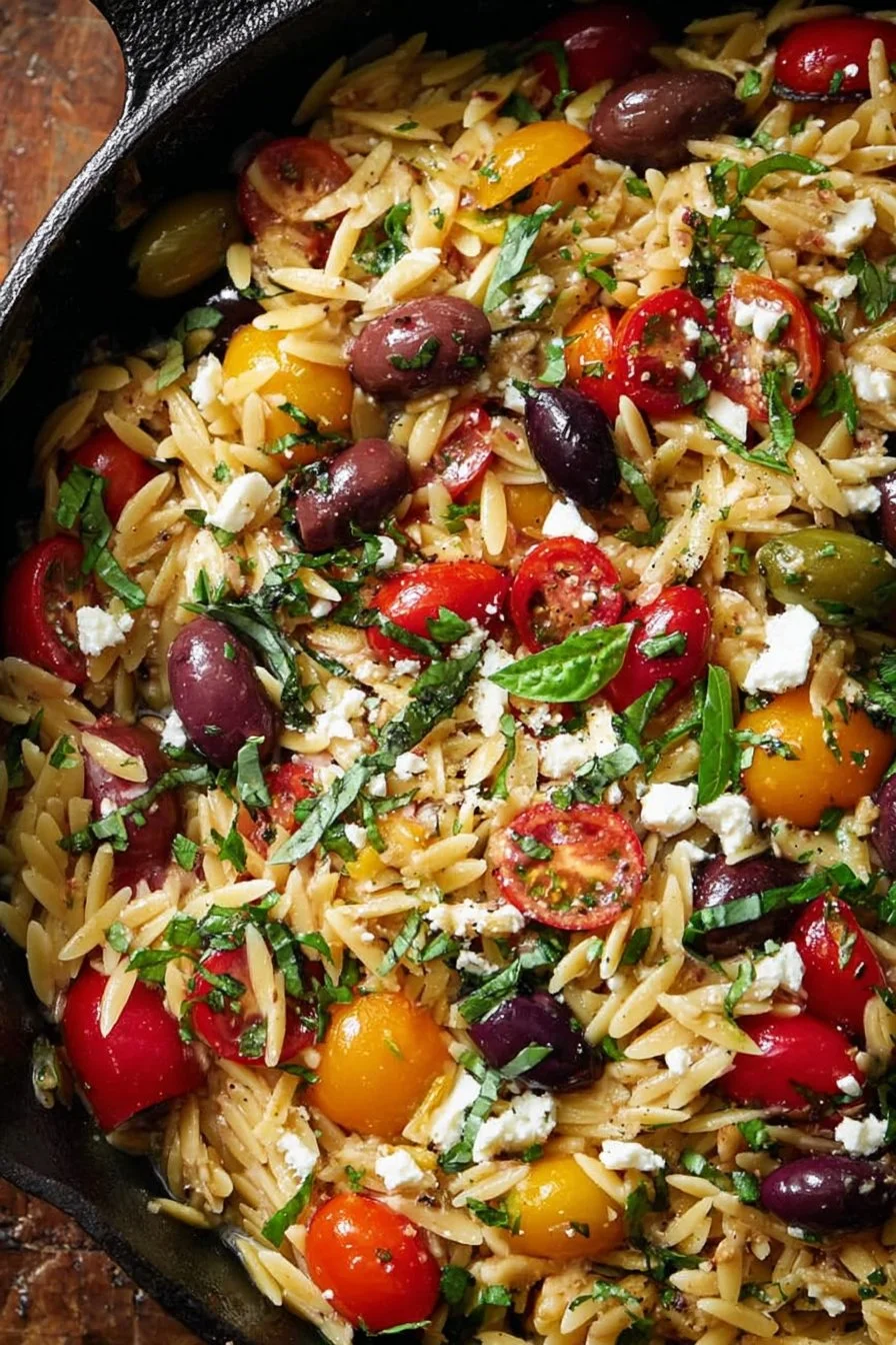 Greek Orzo salad with tomatoes, olives, basil, and feta cheese
