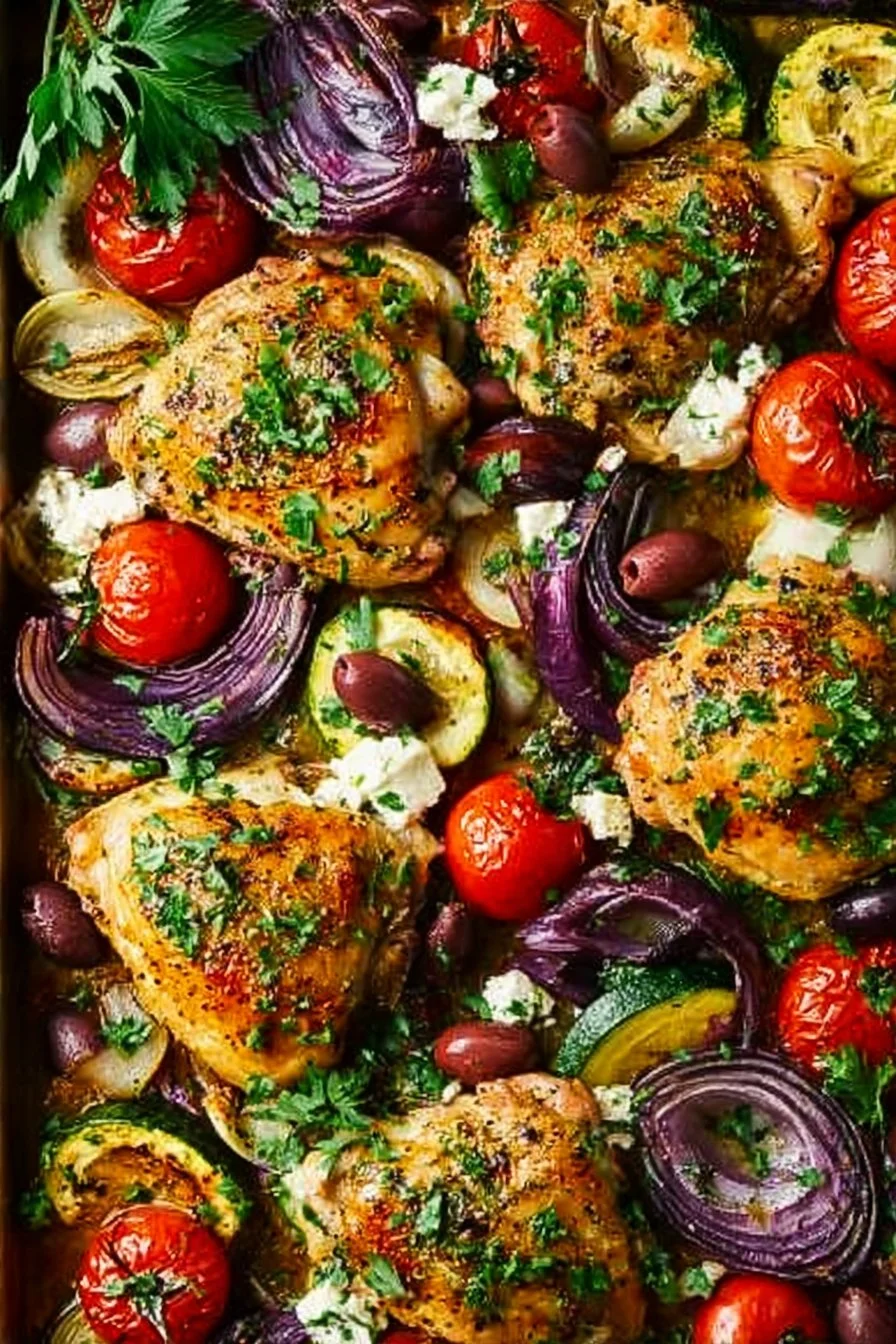 Delicious Greek sheet pan chicken with vegetables prepared on a baking tray.