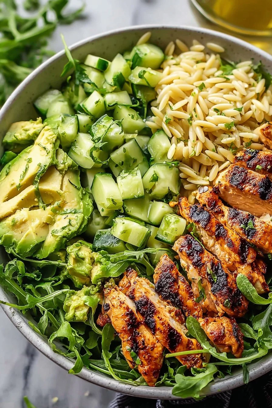 Delicious grilled chicken orzo salad with fresh vegetables and herbs.