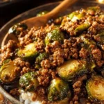 Ground beef and Brussels sprouts dish served in a bowl