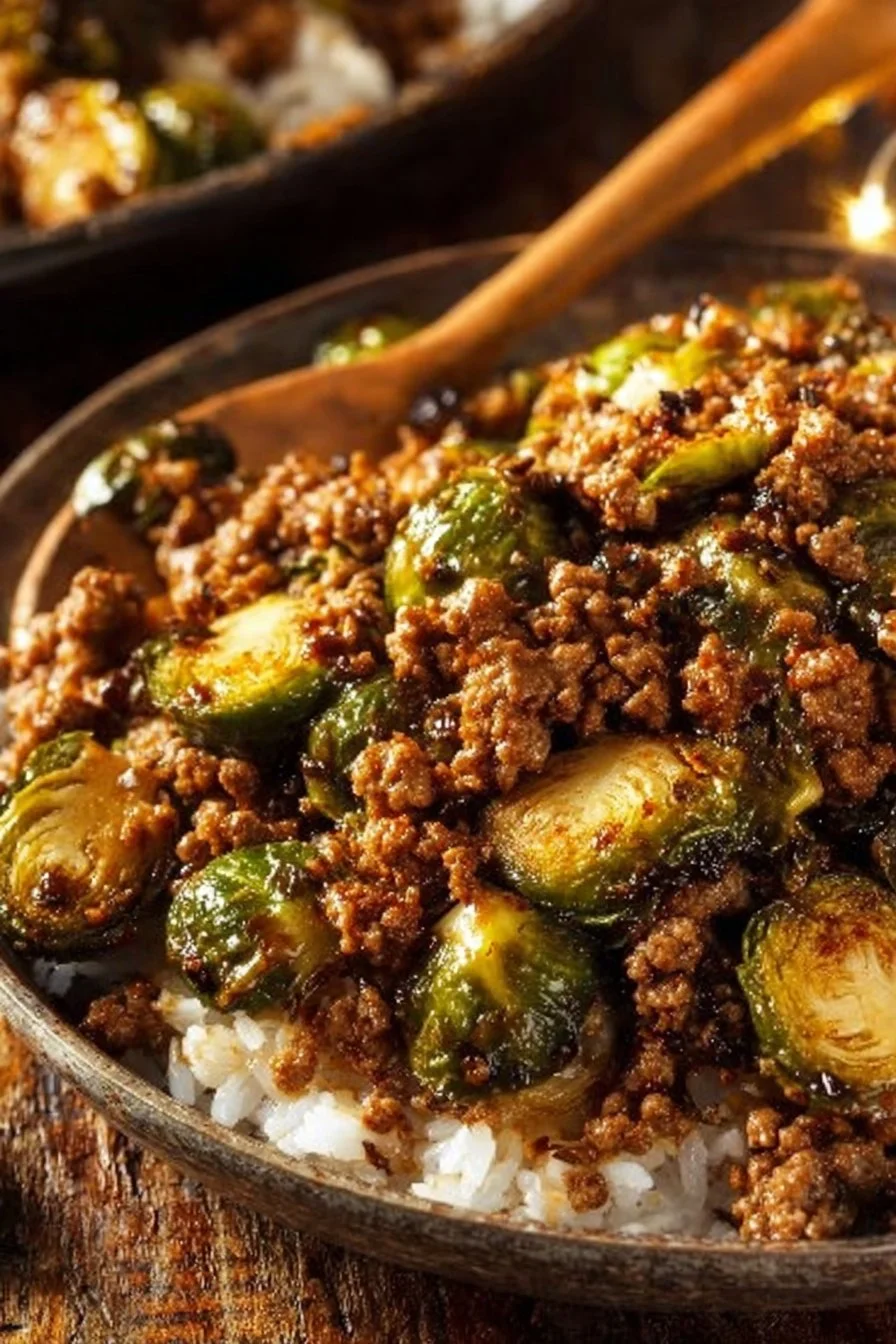 Ground beef and Brussels sprouts dish served in a bowl