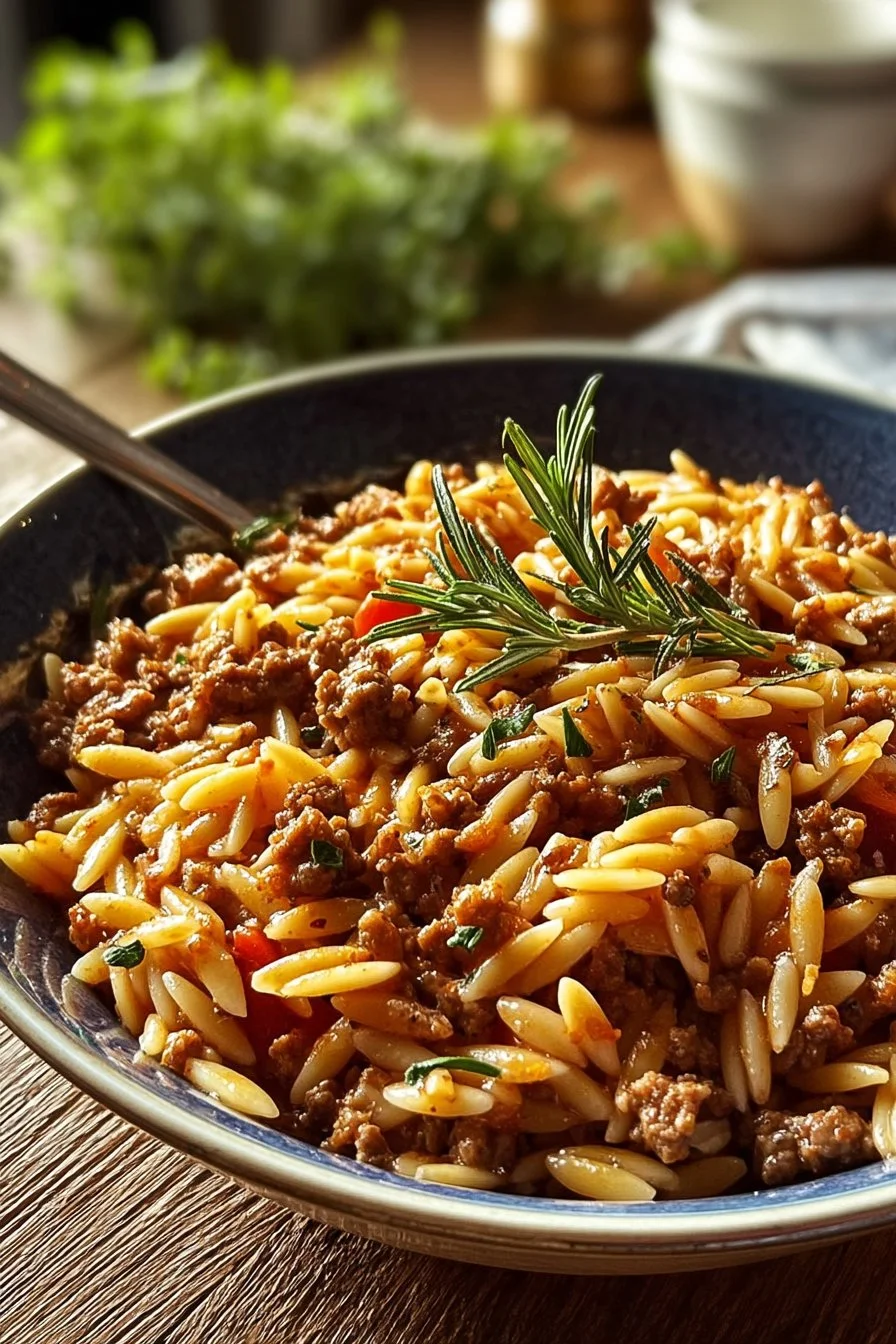 Delicious ground beef orzo dish served in a bowl