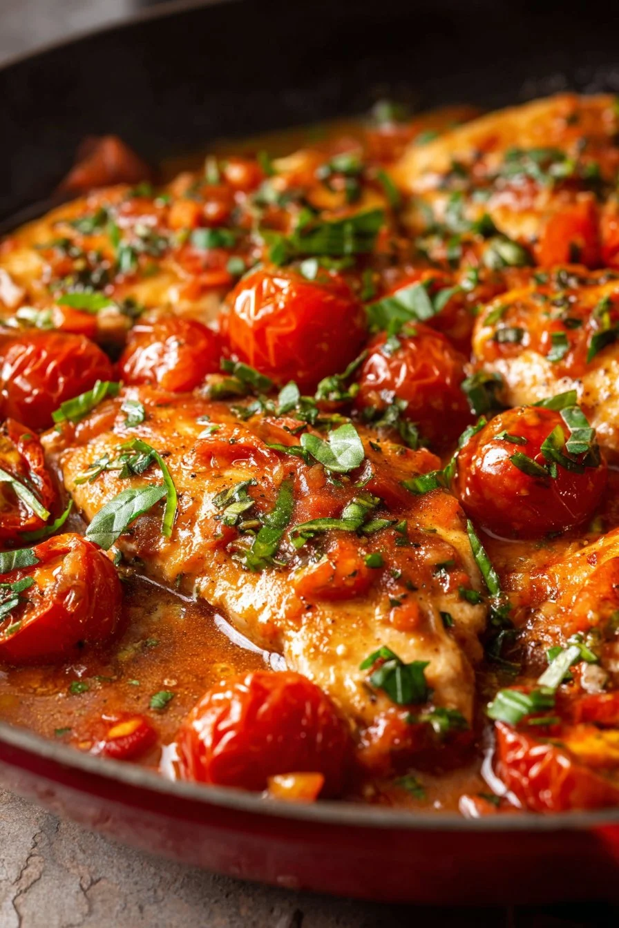 Healthy Chicken Pomodoro Skillet with chicken and fresh tomatoes