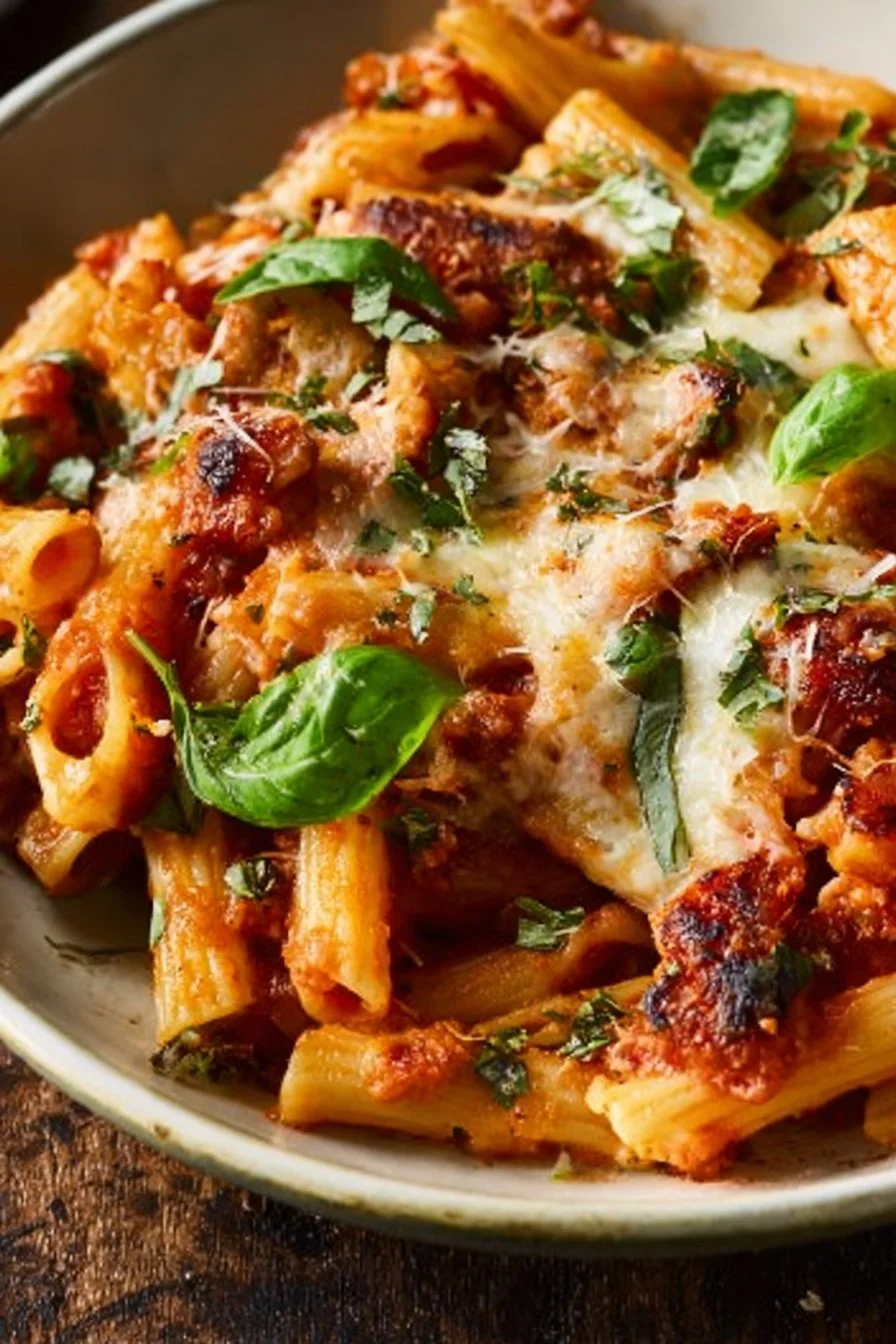 Healthy Cottage Cheese Pasta Bake filled with colorful veggies